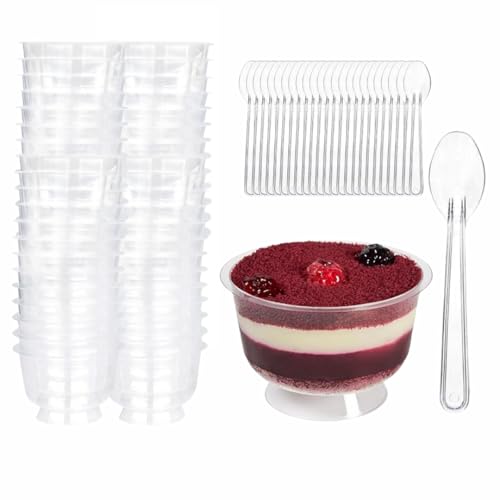 EYNEL Clear Durable Footed Dessert Cups with Spoons - 7oz Plastic Slanted Parfait and Appetizer Cups, Small Reusable Bowls for Parties, Pudding, Mousse, Ice Cream (25 Cups + 25 Spoons)