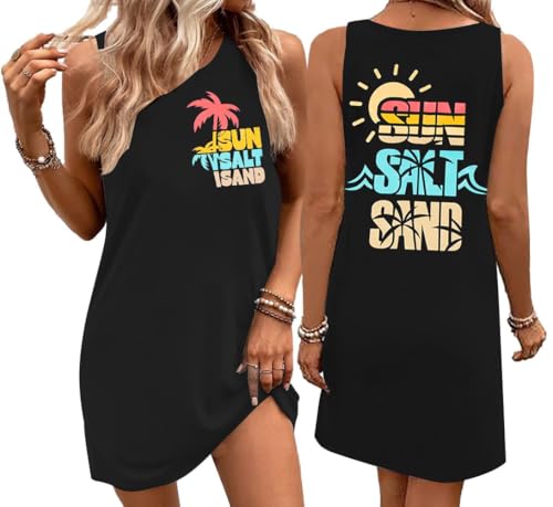 Image of MYHALF Summer Sundress for Women Graphic Mini Tank Dress Sleeveless Beach Dresses Short Casual Sun Dresses Black, XX-Large