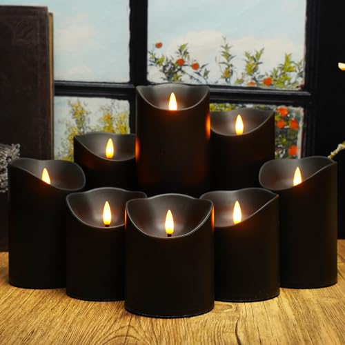 Image of Nimiko Flameless Candles with Remote, Battery Operated Flickering Flameless Candles, LED Candles with Timer 2 /4 /6 /8H, with Realistic LED Candles Set of 9 (D3 x H 3 inch 4 inch 5 inch 6 inch 7 inch) (Black)