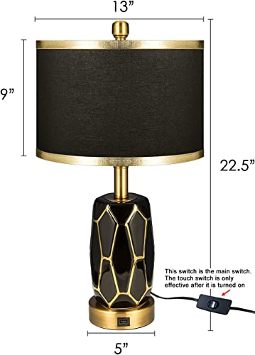 Workluurop Set Of 2 Touch Control Table Lamps For Bedroom Livingroom,Modern Black/White Ceramic Lamp With Usb Ports,Bedside Nightstand Lamp With Fabric Drum Lampshade,Blubs Included(Black) #TOP1