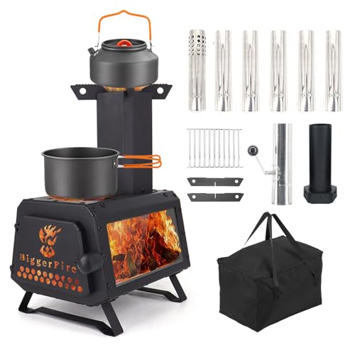 Wood Burning Stove with Fire Window,Portable Tent Stove with 7 Sectional Chimney Pipes,Sturdy Camping Wood Stove with X-shaped Pot Holder for Outdoor Backpacking,Cooking,Hiking and Heating