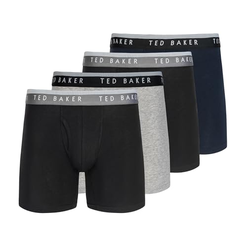 Ted Baker Mens Standard 4 Pack Cotton Stretch Boxer Briefs Black Beauty/Grey Heather/Sky