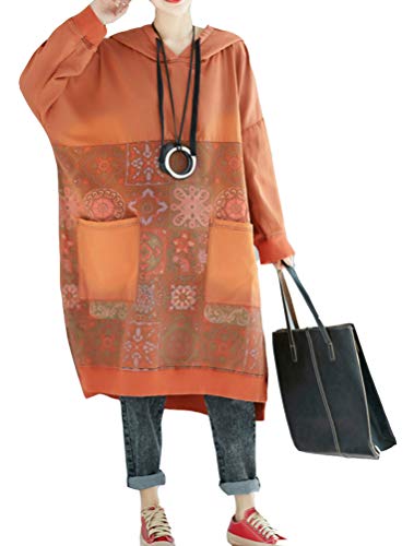FTCayanz Womens Oversized Cotton Linen Dresses Ethnic Printed Fall Dress with Pockets Style2 Orange