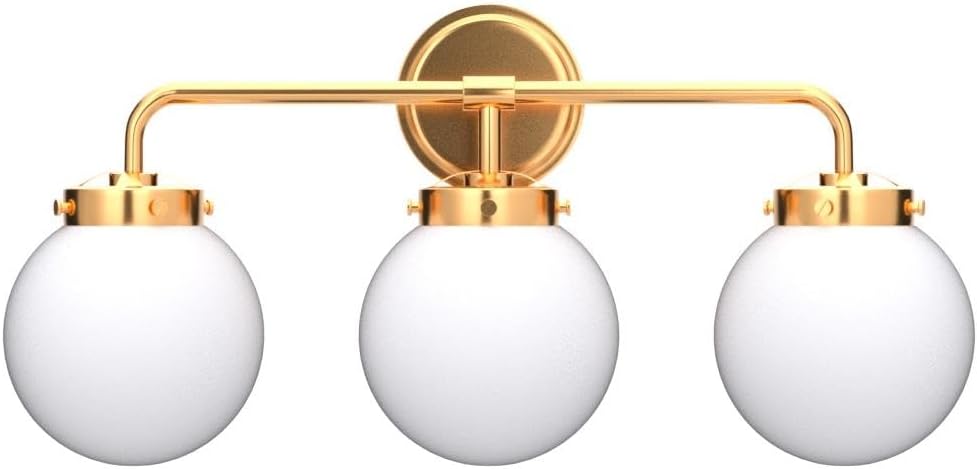 Gold Bathroom Vanity Light Fixtures Over Mirror, Modern Brass 3 Lights Wall Sconce with Milky Glass Ball Shade, Mid Century Farmhouse Vanity Lighting