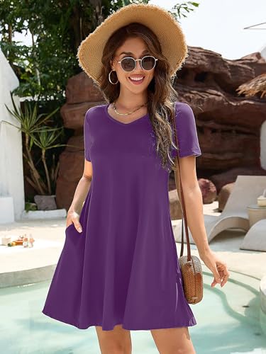 Image of KORSIS Dresses for Women Casual T-Shirt Summer Short Sleeve Loose Comfy Dress Swing Flowy Beach Vacation Sundress with Pocket