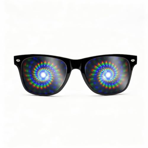 GloFX Black Frame Spiral Diffraction Glasses – Laser Etched for Hypnotic Spiral Light Effects, Flexible & Durable for Raves & Festivals