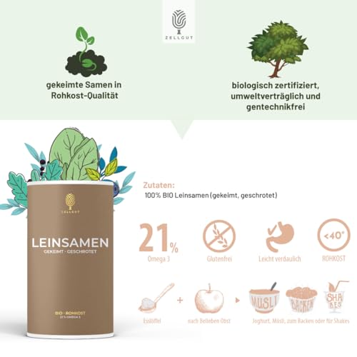 ZELLGUT© BIO LEINSAMEN 200g • als Topping oder VOLLKORN MEHL zum BACKEN, Brot, MÜSLI Smoothie • 100% ROH, gekeimt & geschrotet • Leinsamen PUR • GLUTENFREI • mit 21% Omega 3 Fettsäuren