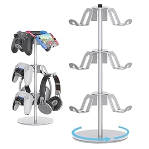 Controller Stand Compatible with Xbox PS5 PS4 Nintendo Switch Pro, 3 Tier Aluminum Gaming Headset Stand, Rotatable Headphone Controller Holder Organizer Rack, Universal & Large Capacity, Silver