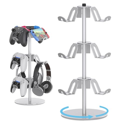 Controller Stand Compatible with Xbox PS5 PS4 Nintendo Switch Pro, 3 Tier Aluminum Gaming Headset Stand, Rotatable Headphone Controller Holder Organizer Rack, Universal & Large Capacity, Silver