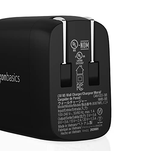 Image of Amazon Basics 30W One-Port Foldable GaN USB-C Wall Charger with Power Delivery PD for Tablets & Phones (iPhone 16 /15 /14 /13 /12 /11 /X, iPad, Samsung, and More), Compact Travel Charger, Non-PPS, Black