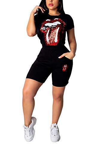 DINGANG Women Short Sleeve 2 Piece Outfit Sequins Lips Print Shirt Tracksuit Set