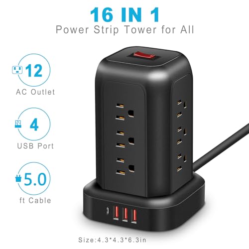 FUAUFAS Tower Power Strip Surge Protector USB Ports, Multiple Outlets Ports Desktop Charging Station, Flat Plug, Wall Mount,with Night Light Station, Power Bar, Office Desk Supplies, Dorm Essentials - Thumbnail 4