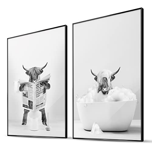 BLCKART Set di 2 poster da parete con mucca, divertenti decorazioni per il bagno, formato DIN A4, in bianco e nero, con corteccia di altopiano (2 x DIN A4, 21 x 29,7 cm)