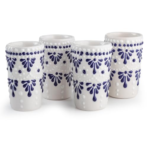 Image of Talavera Shot Glasses Set of 4 Authentic Mexican Tequila Shot Glasses - Hand-painted - 2 Oz (Cascada Cenote Blue)