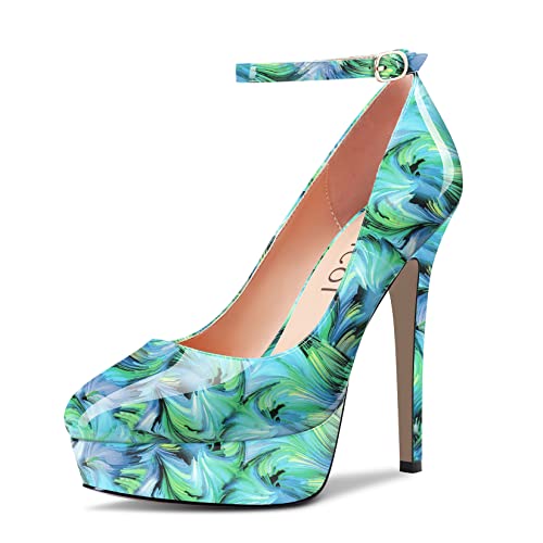 Aachcol Women Platform Pumps Close Round Toe Ankle Strap Slip-on Stiletto High Heel Dress Shoes Pumps Party Wedding Patent 5 Inch