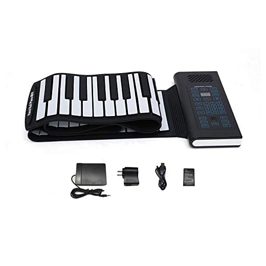 KMUSIC Roll Up Piano, Premium Grade Silicone, THICKENED KEYS, and Upgraded Built-in Amplifying Speakers - Educational Piano (A61-61 Keys, Black)