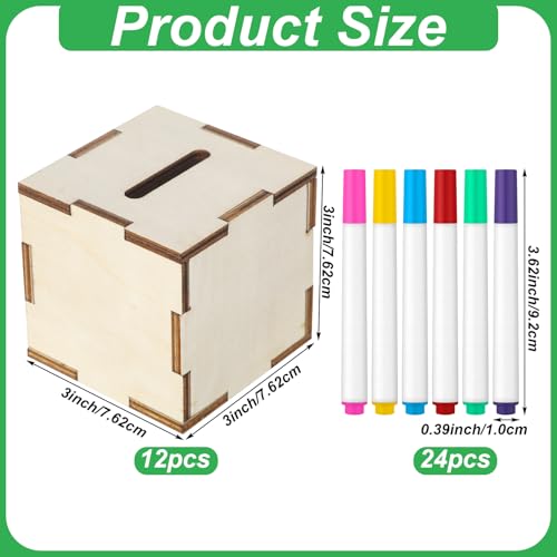 Image of Briwooody 12 Set Wooden Piggy Bank Unfinished Savings Bank for Boys Girls | DIY Craft Set with Coloring Pens, Tip Jar Cash and Change Container, Ideal for Family Interactive Play, Classroom Creation