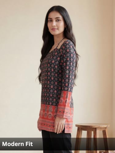 Image of GRECIILOOKS Short Kurti for Women - Printed Modern Tunic Top | Long Ethnic Wester Tops for Woman| Full Sleeve Indo Western Tunic | Comfortable Rich Kurti Tops for Office and Casual