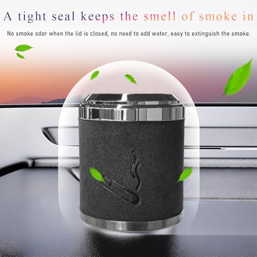 Image of Wevdn Car Ashtray with Lid, Detachable & Portable Stainless Steel Smokeless Ashtrays for Car, Mini Universal Smell Proof Windproof Car Ashtray with LED Blue Light (Black-Plush Surface)