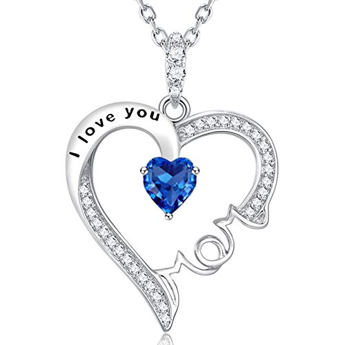 I Love You Mom Necklace for Wife Birthday Gifts Mom September October Birthstones Blue Sapphire Opal Tourmaline and More Stones Jewelry for Women 925 Sterling Silver Heart Pendant Necklace