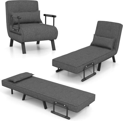 GOPLUS Sillón cama 4 en 1 con función de cama, sofá cama con respaldo ajustable en 6 posiciones y cojín extraíble, sillón relax plegable para el hogar 7 oficina (gris oscuro)