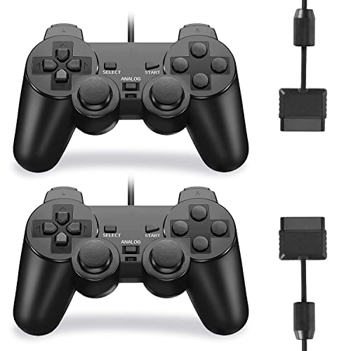 TUOZHE Wired Controller for PS2 Double Shock, 2 Pack Gamepad Remote Compatible with Play Station 2 (Two Black)