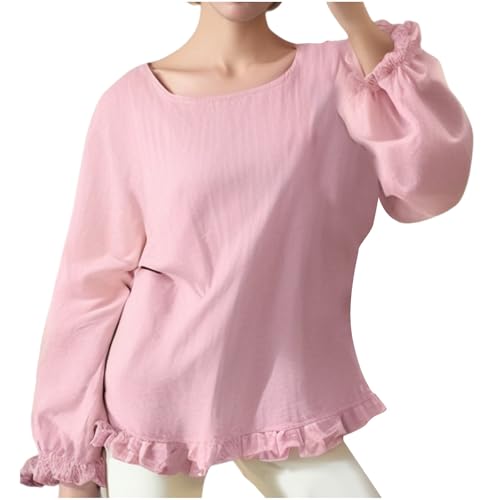 Cotton Long Sleeve Tops for Women Girl Plus Size Cute Fall Tops Round Neck Loose Solid Blouse Tops Outfits 2025