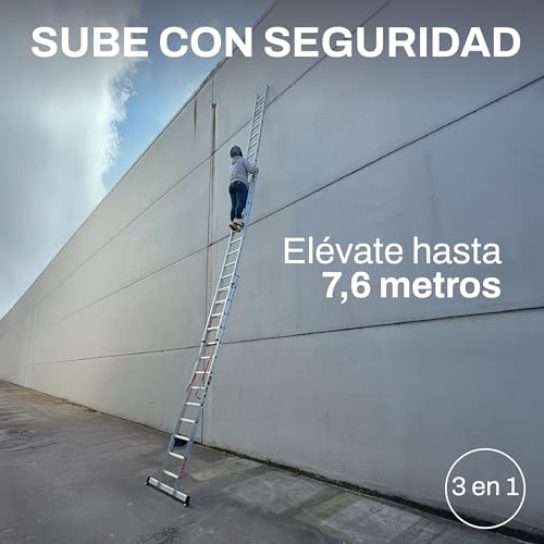 BTF Escalera de Mano Triple de Aluminio 3x11 Peldaños, Escalera Transformable y Extensible de 6,6m para Uso Doméstico, Barra Estabilizadora, Carga 150kg, Norma EN131