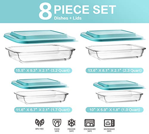 8-Piece Deep Glass Baking Dish Set With Plastic Lids,Rectangular Glass Bakeware Set With Bpa Free Lids, Baking Pans For Lasagna, Leftovers, Cooking, Kitchen, Freezer-To-Oven And Dishwasher, Green #TOP1