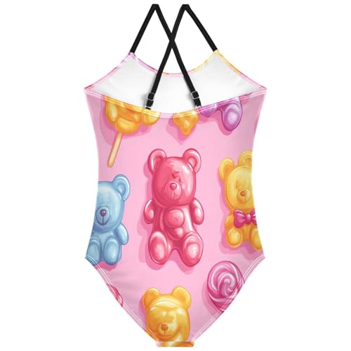 Pigsaly Girls One Piece Swimsuits Colorful Lollipops Gummy Jelly Candy Bears Kids Cross Back Swimwear Sport Bathing Suit 3T2
