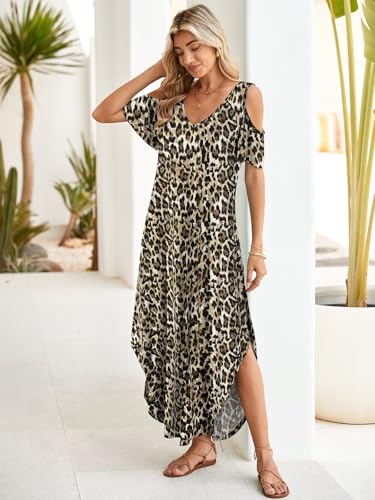 Image of BELAROI Womens Cold Shoulder Maxi Dress Plus Size V Neck Summer Sundresses with Pockets Beach Coverup Vacation Outfits