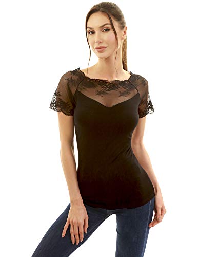 Amélieboutik Women Floral Lace Scalloped Boat Neck Raglan Short Sleeve Inset V Neck Blouse Top (Black Medium) #TOP6
