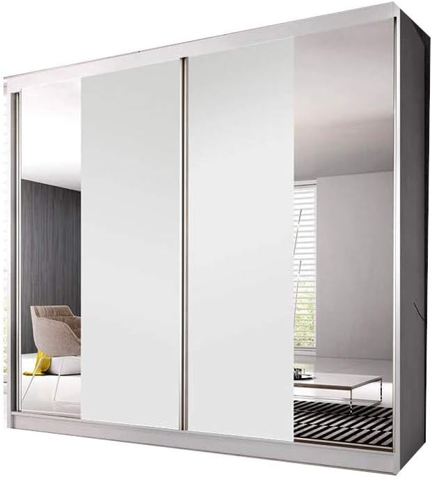 Wardrobe with 2 Sliding Doors with Mirror & Shelves for Bedroom -White Color(WxHxD): 210x201x61 cm, Suitable for Bedroom, Laundry Room, Closet, Garage,
