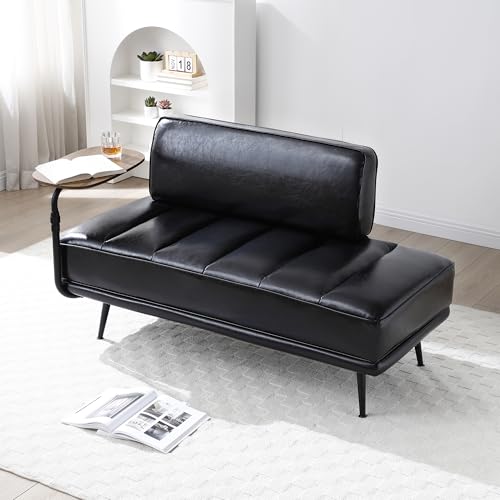 Modern Upholstered End of Bed Bench with 360-Degree Swivel Tray, 2 Seater Sofa Couch with Side Table, Settee Bench with Metal Legs Backrest for Living Room,Entryway,Foyer (PU-With Tray, Black)