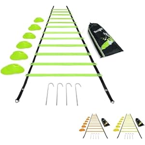 Yes4All Ultimate Combo Agility Ladder Training Set – Speed Agility Ladder Lime 12 Adjustable Rungs, 12 Agility Cones & 4 Steel Stakes – Included Carry Bag