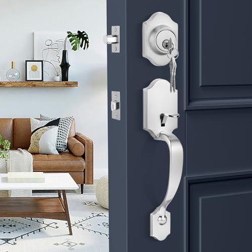Image of Haidms Brushed Nickel Front Door Handle and Deadbolt Set, Front Door Lock Set, Entry Door Locksets with Deadbolt Single Cylinder, Exterior Door Handle with Reversible Handle Lever