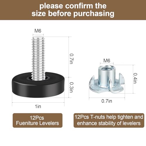 Premium M6 T-Nut Leveling Feet, 12 Sets - Non-Slip Rubber, Adjustable for Tables, Doors, Cabinets