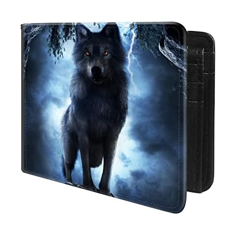 Trofung (Red-Eyed Night Wolf Front Pocket Slim Bifold Leather Wallet RFID Blocking with ID Window for Men Cover