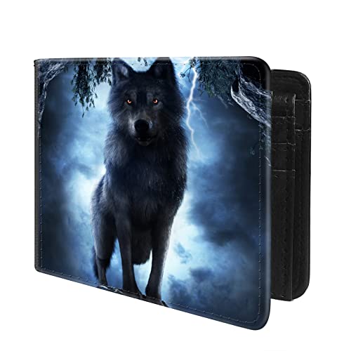 (Red-Eyed Night Wolf Front Pocket Slim Bifold Leather Wallet RFID Blocking with ID Window for Men