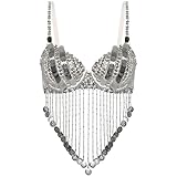 Women's Underwired Sequin Belly Dance Bra Adjustable Beaded Tassel Crop Top Sparkly Performance Costume