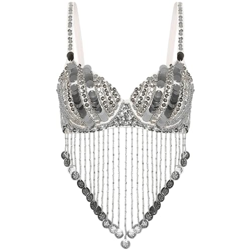 Women's Underwired Sequin Belly Dance Bra Adjustable Beaded Tassel Crop Top Sparkly Performance Costume