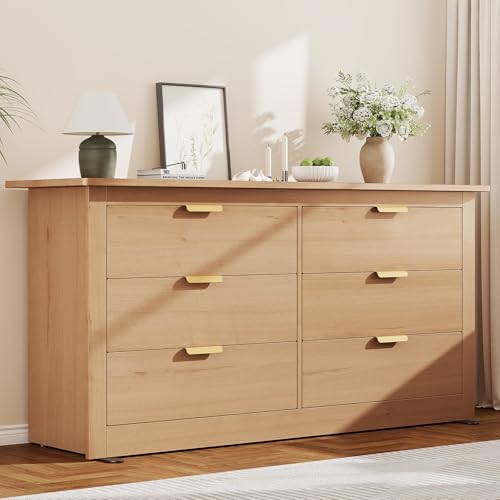 Image of 59 inch Wide Wood TV Stand with 6 Drawers & Metal Handles, Modern Media Console Storage Cabinet for Living Room, Bedroom, Entryway & Home Office, Wood