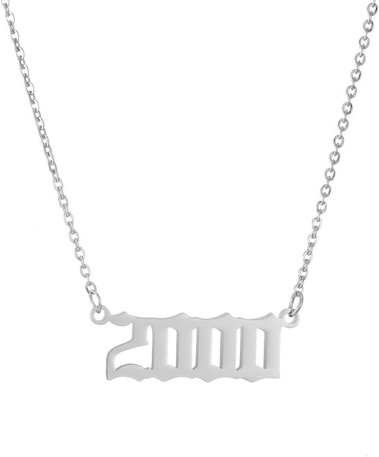 SKQIR Birth Years Necklace,Initial Year Number Pendant Necklace Birthday Gift Charm Friendship Old English Arabic Mumerals Stainless steel Necklace Jewelry for Women Girl