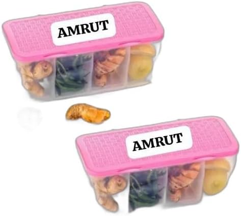 4 in 1 Multipurpose 4 Section Kitchen, Fridge Storage Airtight Container Set for Vegetables, Dryfruits, Spices, Groceries, and Pickles with 4 Spoons Storage Set 1800 ml- (Pink, Pack of 2)|BHR-P365