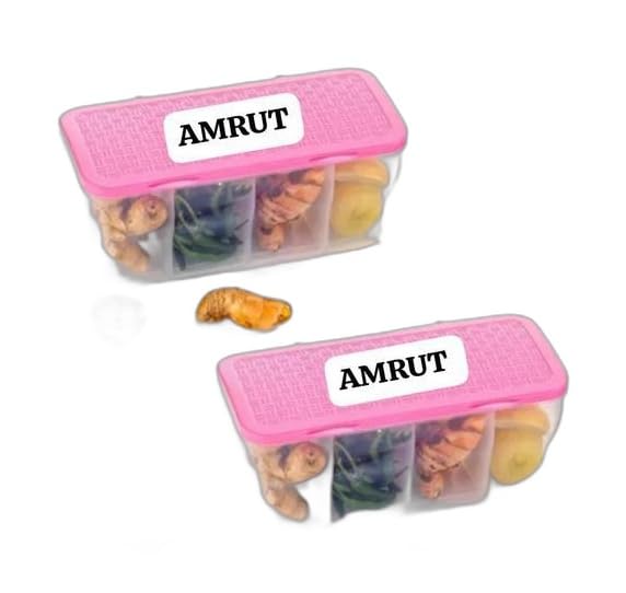 4 in 1 Multipurpose 4 Section Kitchen, Fridge Storage Airtight Container Set for Vegetables, Dryfruits, Spices, Groceries, and Pickles with 4 Spoons Storage Set 1800 ml- (Pink, Pack of 2)|BHR-P365