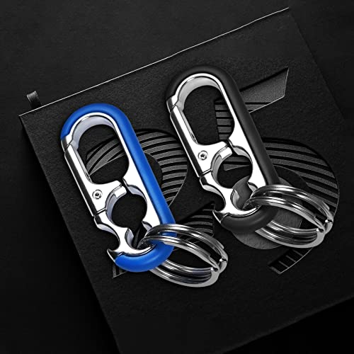 Wapsat Keychain For Men - Bottle Opener Keychain With 2 Rings, Quick Release, Zinc Alloy, Black - Perfect Car Keychain (Black+Blue) #TOP1