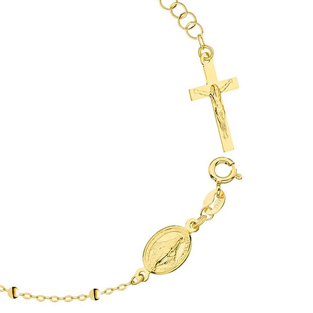 Sakrami Bracciale Rosario Donna Oro 14KT Crocifisso e Medaglietta Vergine – Catena 17+3 cm – Scatola Personalizzabile con Dedica Incisa – Gioiello per Cresima, Comunione, Natale