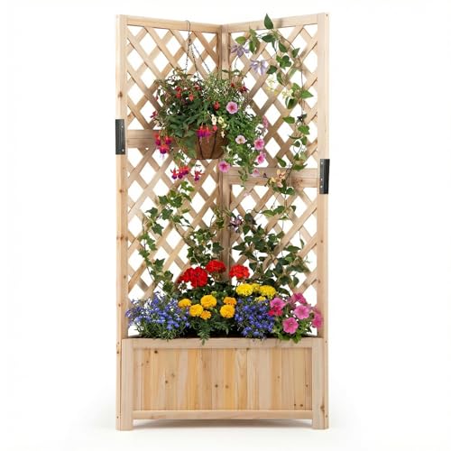 TANGZON Raised Garden Bed with Trellis, Wooden Triangular Planter Box with Drainage Hole, Outdoor Corner Freestanding Flower Pot Plant Climbing Rack for Patio Backyard (Natural, 50 x 50 x 140 cm)