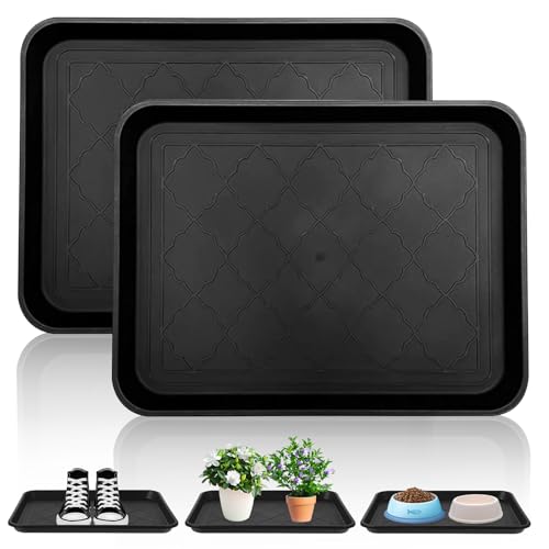 LEKEFETO Set di 2 vassoi per scarpe, grandi scolapiatti, in plastica con bordo rialzato, per animali domestici, giardino, scarpe, per interni ed esterni, colore nero, 42 x 32 x 3 cm