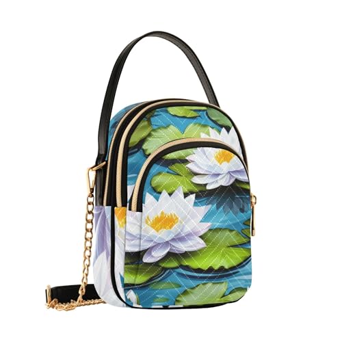 Women Single Shoulder Purse Cute Cell Phone Wallet Chain Purse Quilted Ladies Tote Crossbody Satchel Elegant White Lotus Flowers2